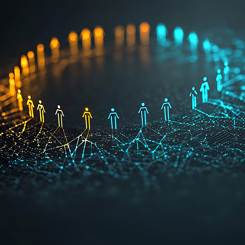 Illustrated people icons connected by glowing network lines, showing collaboration, community, and digital connectivity.