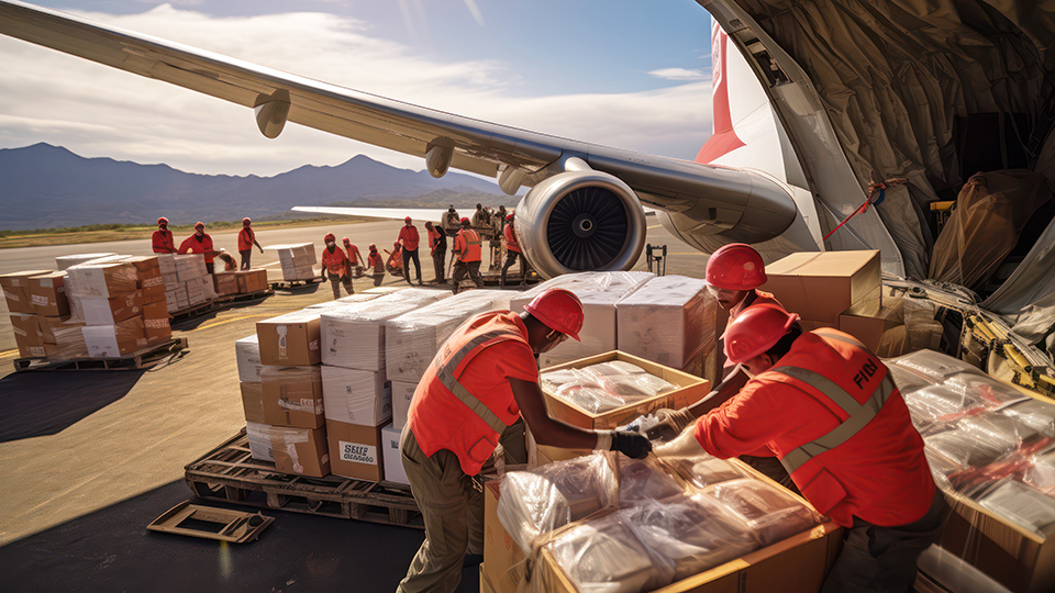 Workers unload boxed supplies from a cargo aircraft on an airport runway, with mountains visible in the background.