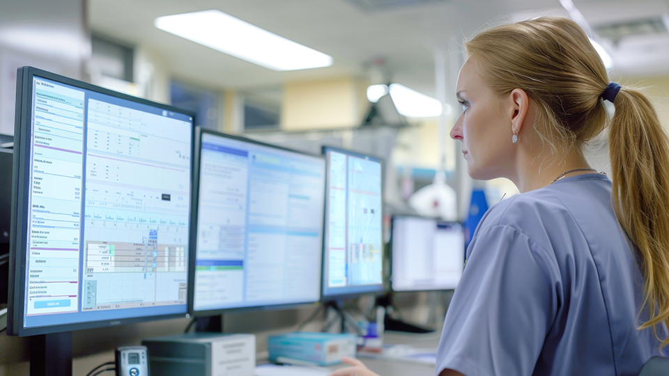 Healthcare worker reviewing patient information on multiple computer monitors displaying electronic health records in a clinical setting.